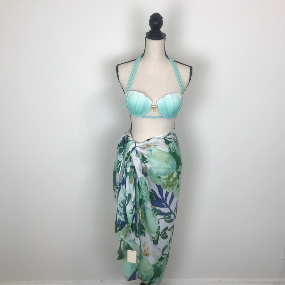 Green and Blue Tassel Sarong and Swim Wear Coverup